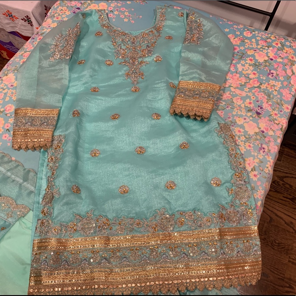 Designer heavy work sky blue organza suit